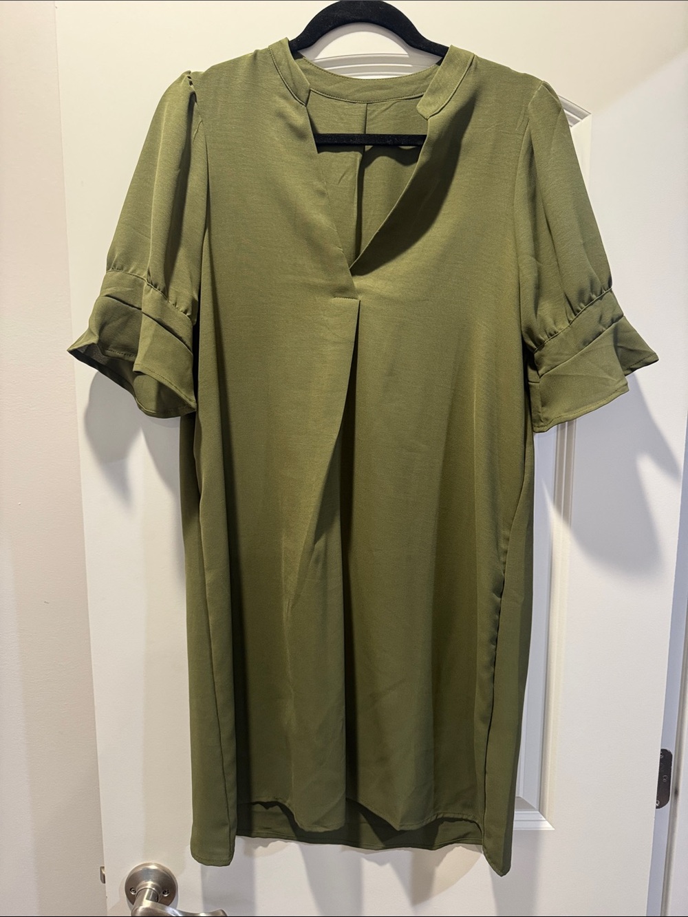 Olive Green Women's Split-Neck Dress - sits at knee